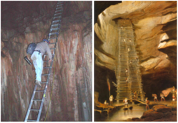 The ladders used to get researchers into the Midnight Terror Cave (left) are reminiscent of the stairway drawn by architect and artist Frederick Catherwood (right), whose "Incidents of Travel in Central America, Chiapas and Yucatán," published in 1841, re-introduced Mesoamerica to the Western World.