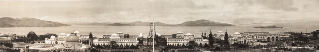 A panoramic view of the PPIE grounds during construction in 1914. The Palace of Fine Arts at the far left and the Tower of Jewels at center are only steel frames. Via the Library of Congress. (Click to enlarge)