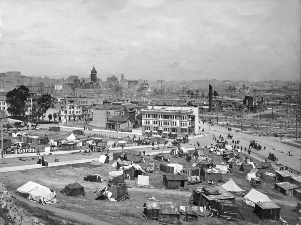 Top: A colorful view of the fair by night. Courtesy Laura Ackley. Above: A makeshift refugee camp on a hillside above Market Street in 1906, looking toward downtown San Francisco and the burned-out dome of the original City Hall.