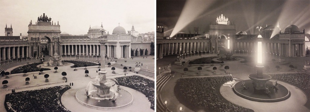 Day and night views of the Court of the Universe reveal several of Walter D’Arcy Ryan’s innovative lighting techniques. Courtesy the Seligman Family Foundation. (Click to enlarge)