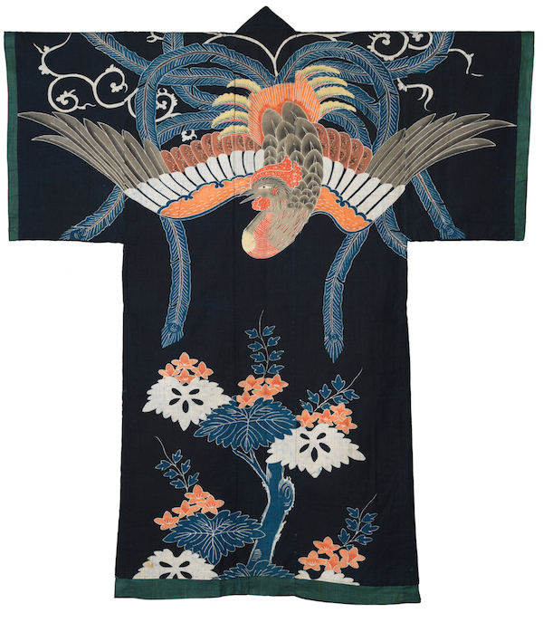 A yogi, like this one dyed and painted with a phoenix, is a kimono-shaped bed cover. (From the John C. Weber Collection, image © John Bigelow Taylor)