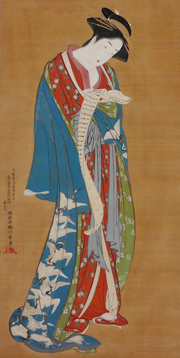 This detail of Katsukawa Shunshō's "Beauty Reading a Letter," circa 1783-1784, shows a provocative glimpse of a courtesan's red undergarments as she gets absorbed in a letter from a lover. (From the John C. Weber Collection, image © John Bigelow Taylor)