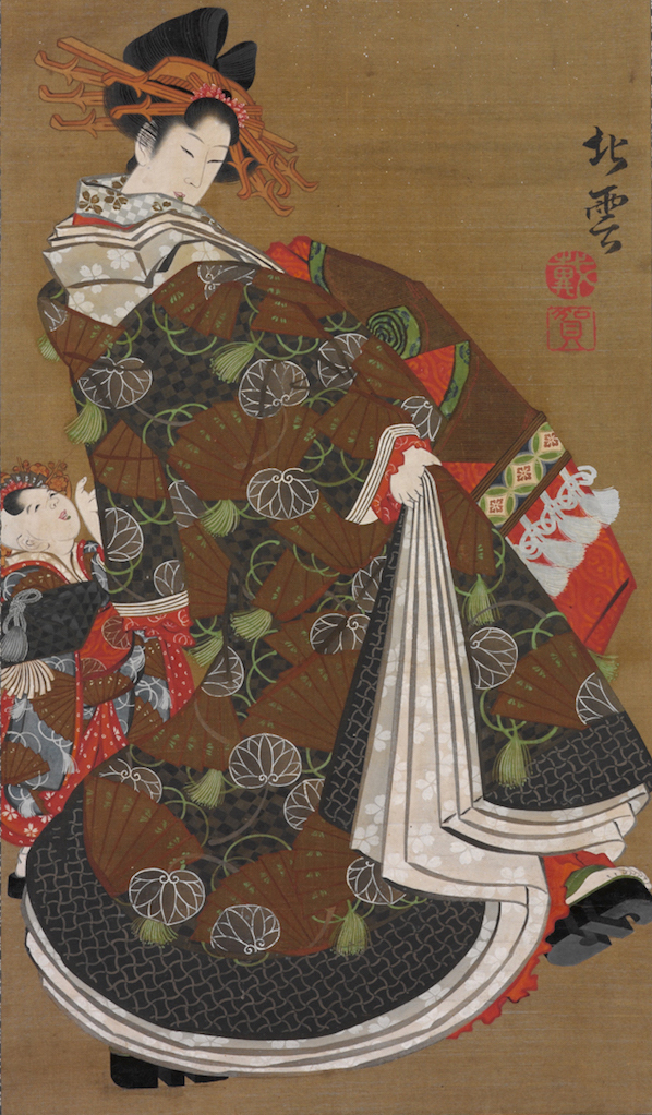 Katsushika Hokuun's hanging scroll "Courtesan Promenading Under Cherry Blossom," circa 1815-1819, shows an oiran performing her twisting steps with her wooden clogs, showing off the lush layers of her kimonos, her child attendants following her. (From the John C. Weber Collection, image © John Bigelow Taylor)