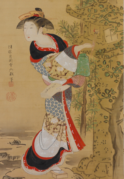 Is this courtesan in a patchwork kimono surreptitiously reading a letter from a lover? A detail from Tsukioka Settei's hanging scroll "Reading by Lantern Light," circa 1776-1786, indulges in that fantasy. (From the John C. Weber Collection, image © John Bigelow Taylor)