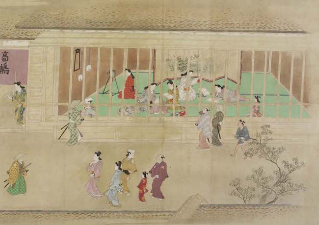 Hishikawa Moronobu's 58-foot-long handscroll "A Visit to the Yoshiwara" shows courtesans on display through lattice walls that resemble cages at a zoo. (From the John C. Weber Collection, image © John Bigelow Taylor)