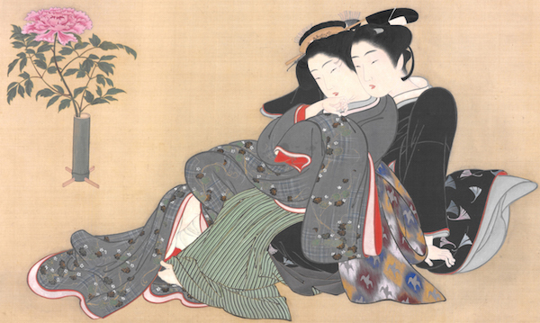 A young couple cuddles near a peony in a vase, which symbolizes their sexual connection, in a panel from Katsukawa Shunshō's "Secret Games in the Spring Palace," from the late 1770s. (From the John C. Weber Collection, image © John Bigelow Taylor)