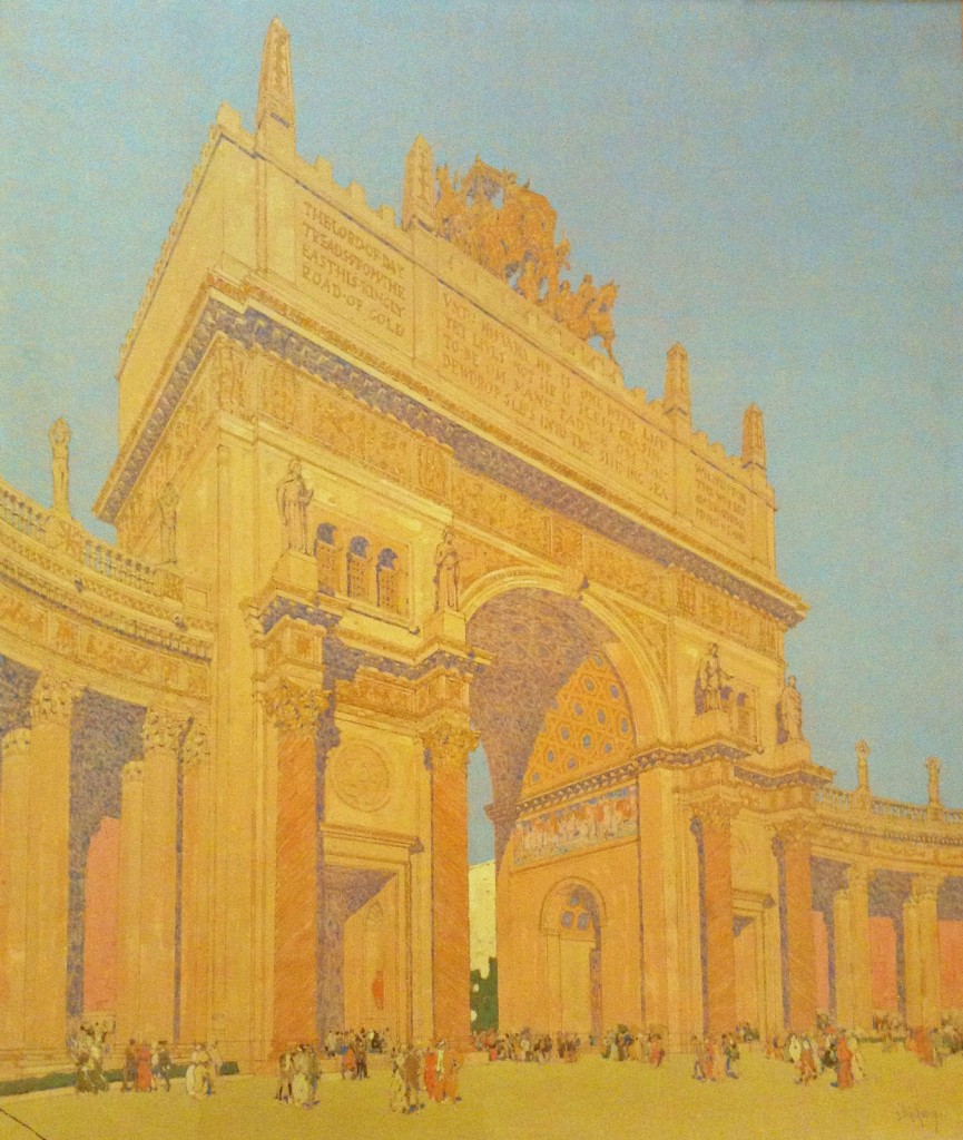 Jules Guérin painted this view of the Arch of the Rising Sun in 1913 to illustrate the building's California color scheme. Via the <a href="http://sfpl.org/index.php?pg=2000734801">San Francisco Public Library</a>.