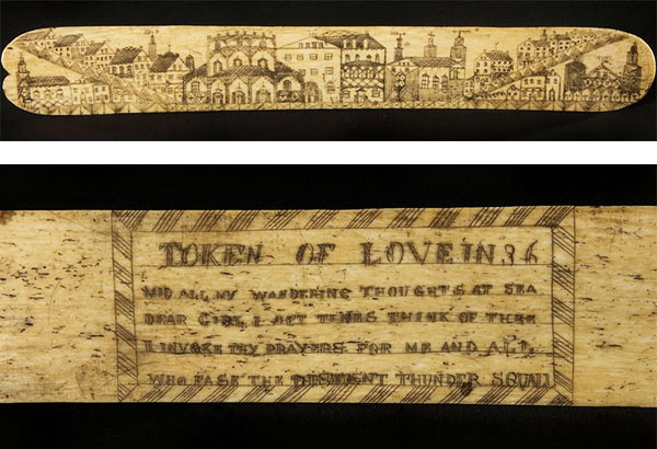 A scrimshaw "whalebone" busk housed at the Smithsonian Institute's "On the Water" collection features a cityscape on the front and a love poem on the back. (Via americanhistory.si.edu)