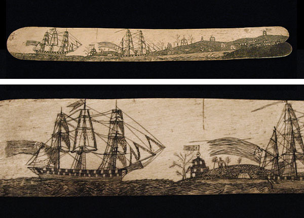 Above: See the full scrimshaw busk and a detail that shows whaling ships sailing into port. (From the Charles Whipple Greene Museum in Warren, Rhode Island, via the New Bedford Whaling Museum Blog) Top: Two scrimshaw "whalebone" busks from the early 1800s housed at the Winterthur Museum in Delaware. (Via Winterthur.org)