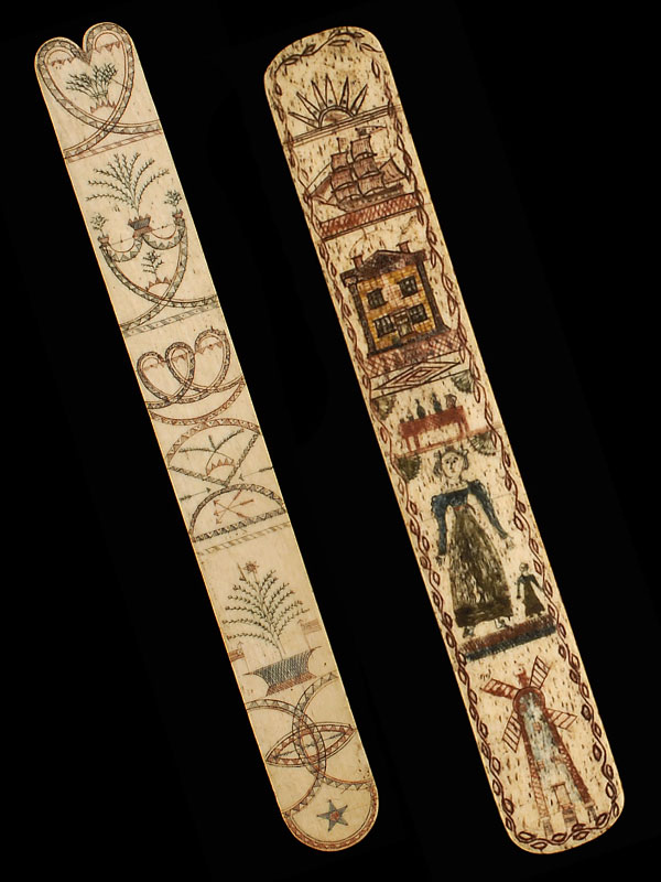Two "whalebone" scrimshaw busks. At left, a 10.25-inch example from the mid-19th century features a heart, shield with plants, geometric forms with foliate designs and arrows, potted tree with American flags, and five-pointed star at the bottom. At right, an 11-inch 1840 busk carved by a sailor includes a sunrise, ship, house, table with beverages, mother with child, and windmill. (Both via <a href="http://www.eldreds.com/">Eldred's Auctions</a>)