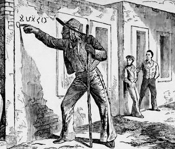 An illustration from the 1873 book, “A La California,” by Colonel Albert S. Evans, shows a hobo making marks. (Via WikiCommons)