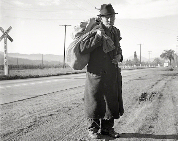 The caption on this 1938 Dorothea Lange photo reads, "More than 25 years a bindle stiff. Walks from the mines to the lumber camps to the farms. The type that formed the backbone of the Industrial Workers of the World (IWW) in California before the war." (Via Library of Congress)