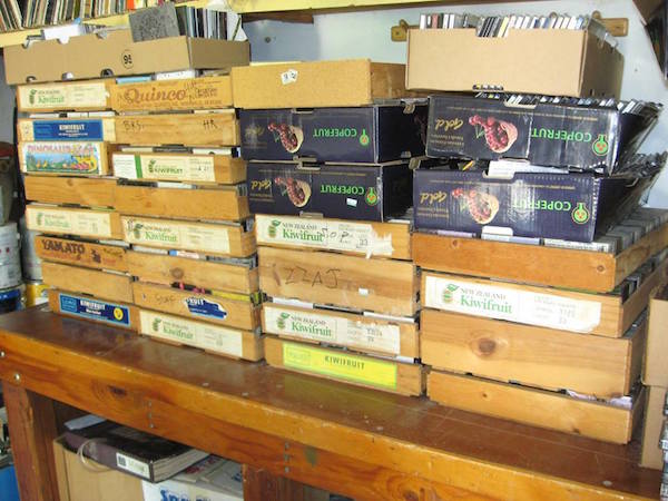 More of Campau's collection: Tapes are stored in kiwi boxes, while CDs and CD-Rs fit into cherry boxes. (Courtesy of Don Campau)