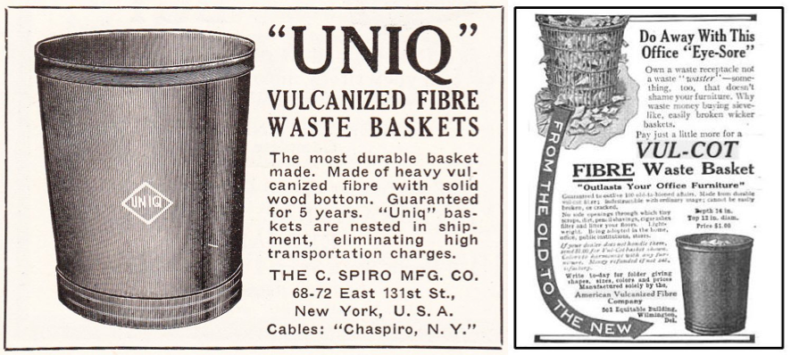 Since they could not promise to be fireproof, "vulcanized" fibre waste baskets were sold on the basis of their economy and ability to contain a mess (click to expand). Photos via Jos Legrand.
