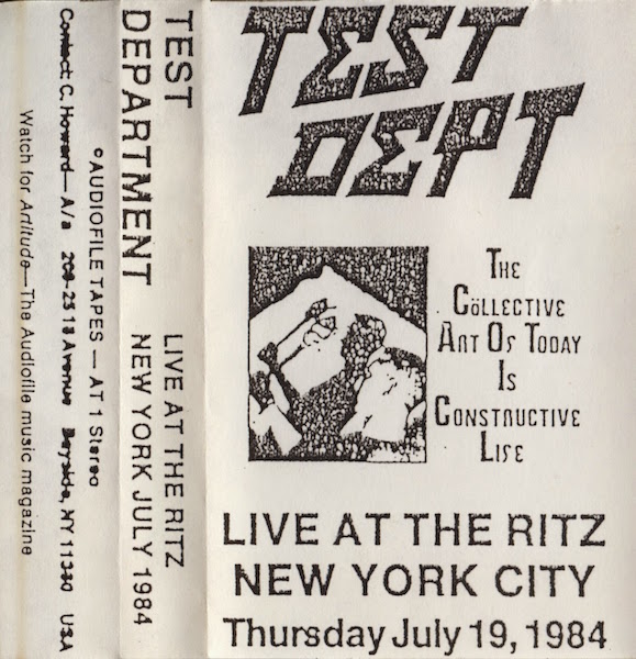 A 1984 live recording of Test Department was released by Carl Howard's audiofile cassette label. (Via tapeattack.blogspot.com)