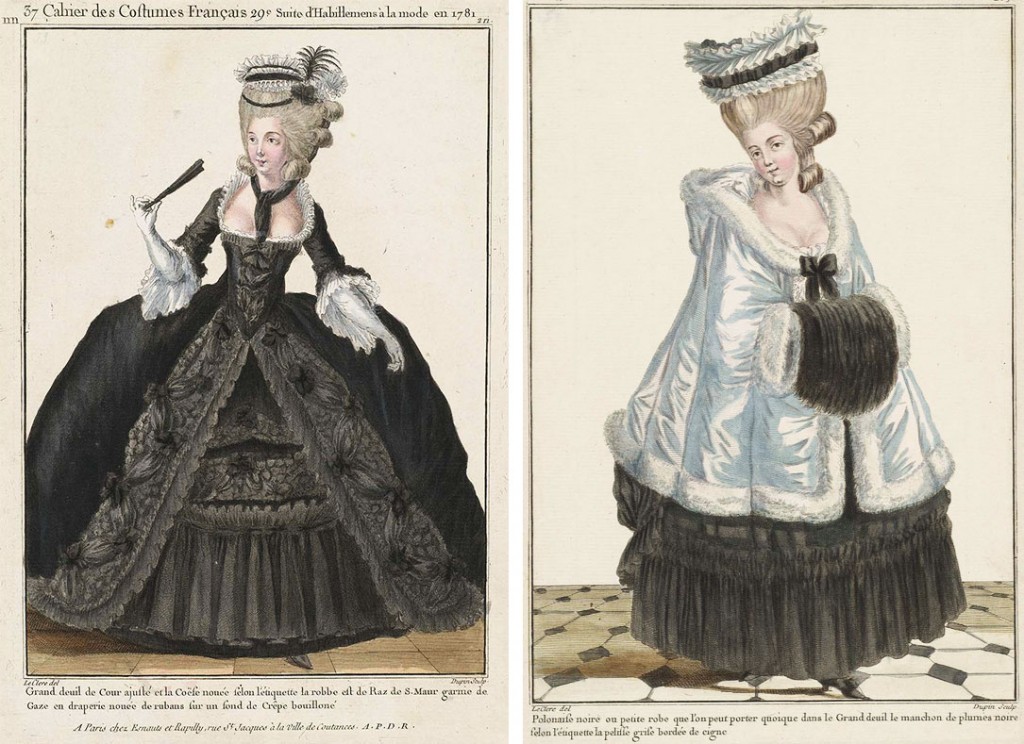 Left, a <a href="http://www.mfa.org/collections/object/gallerie-des-modes-et-costumes-fran%C3%A7ais-37e-cahier-des-costumes-fran%C3%A7ais-29e-suite-dhabillemens-%C3%A0-la-mode-en-1781-nn211-grand-deuil-de-cour-351616">magazine illustration</a> from 1781 shows an outfit for court mourning. Right, a so-called "<a href="http://www.mfa.org/collections/object/gallerie-des-modes-et-costumes-fran%C3%A7ais-37e-cahier-des-costumes-fran%C3%A7ais-29e-suite-dhabillemens-%C3%A0-la-mode-en-1781-nn213-polonaise-noire-ou-petite-robe-351628">Polish</a>" look from the same issue shows how mourning clothes were adapted for everyday wear. Images courtesy the Museum of Fine Arts, Boston.