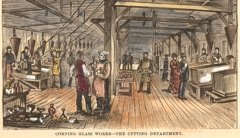 An engraving from the 1870s showing the Corning Glass Works cutting department. Courtesy the Corning Museum of Glass.