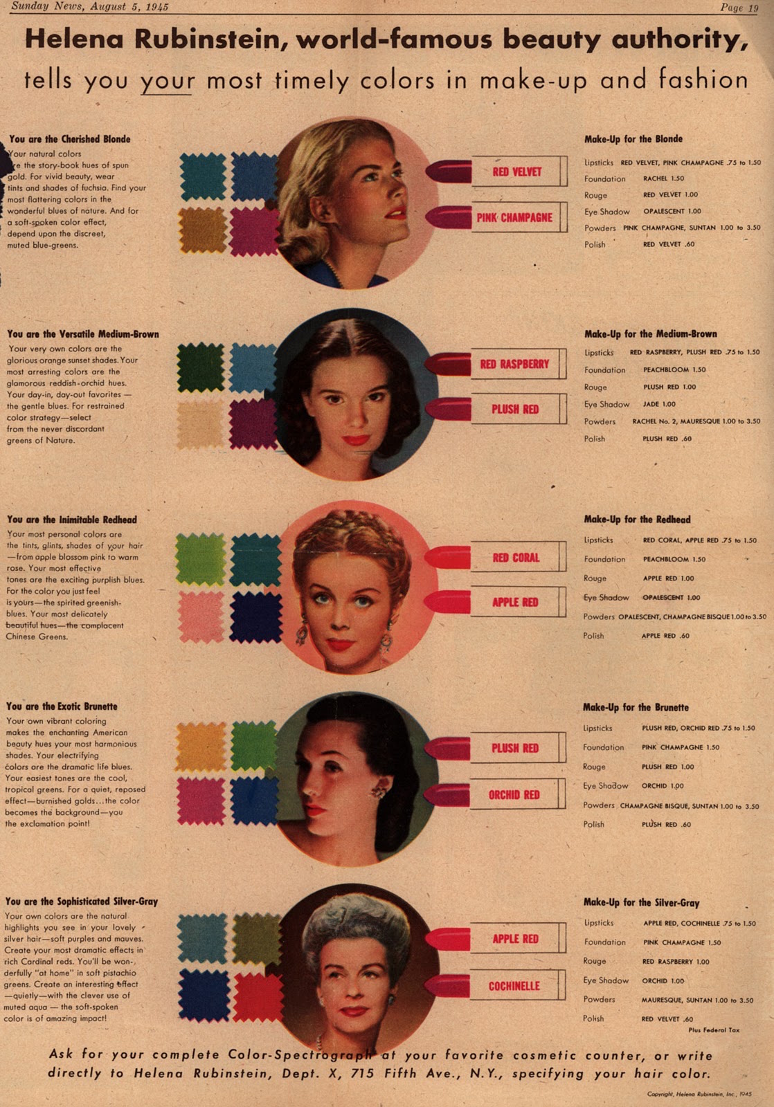 A 1945 Helena Rubinstein ad explains her "Color-Spectograph" approach to makeup. Click on the image to see a larger version. (Via Vintage Ad Browser)