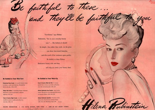 A 1943 Helena Rubinstein ad implies that a woman who forgoes her beauty routine may face infidelity. (Via Vintage Ad Browser)