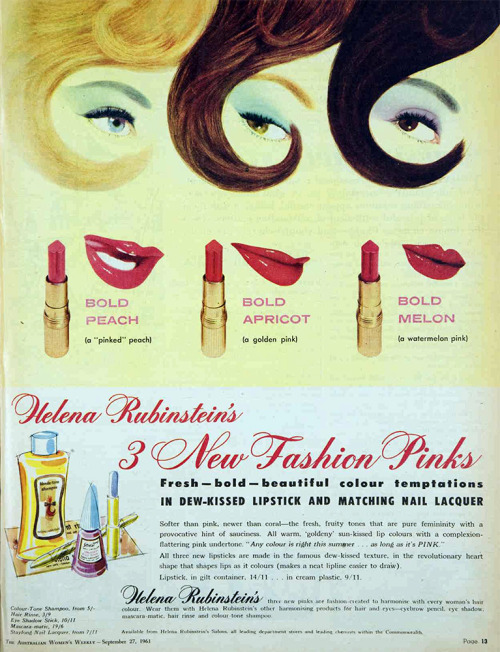 A 1961 ad for Helena Rubinstein lipstick from "Australian Women's Weekly." (Via Vivat Vintage on Tumblr)