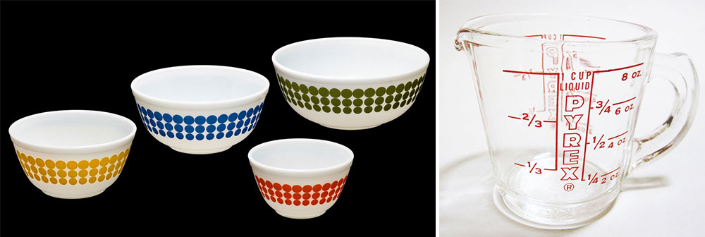Top: A two-quart covered casserole dish produced by Pyrex in 1960. Above: Left, a set of mixing bowls in the Dots pattern, circa 1970. Right, a Pyrex liquid measuring cup from 1953. Courtesy the Corning Museum of Glass.