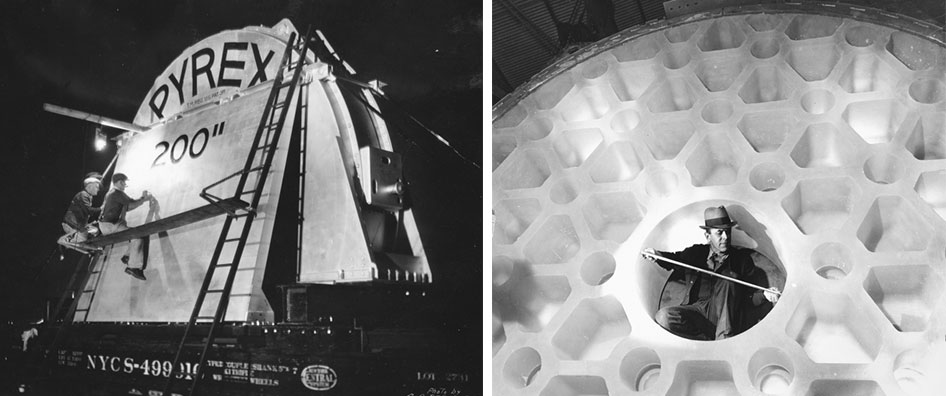 Left, the telescope disk's shipping crate is prepared for transport in 1935. Right, the disk's diameter is measured after being cast. Courtesy the Corning Museum of Glass.