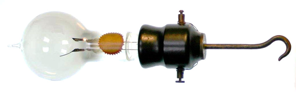 One of the two surviving bulbs from Edison’s 1879 demonstration, with a built-in hook for display. Courtesy the Spark Museum of Electrical Invention.