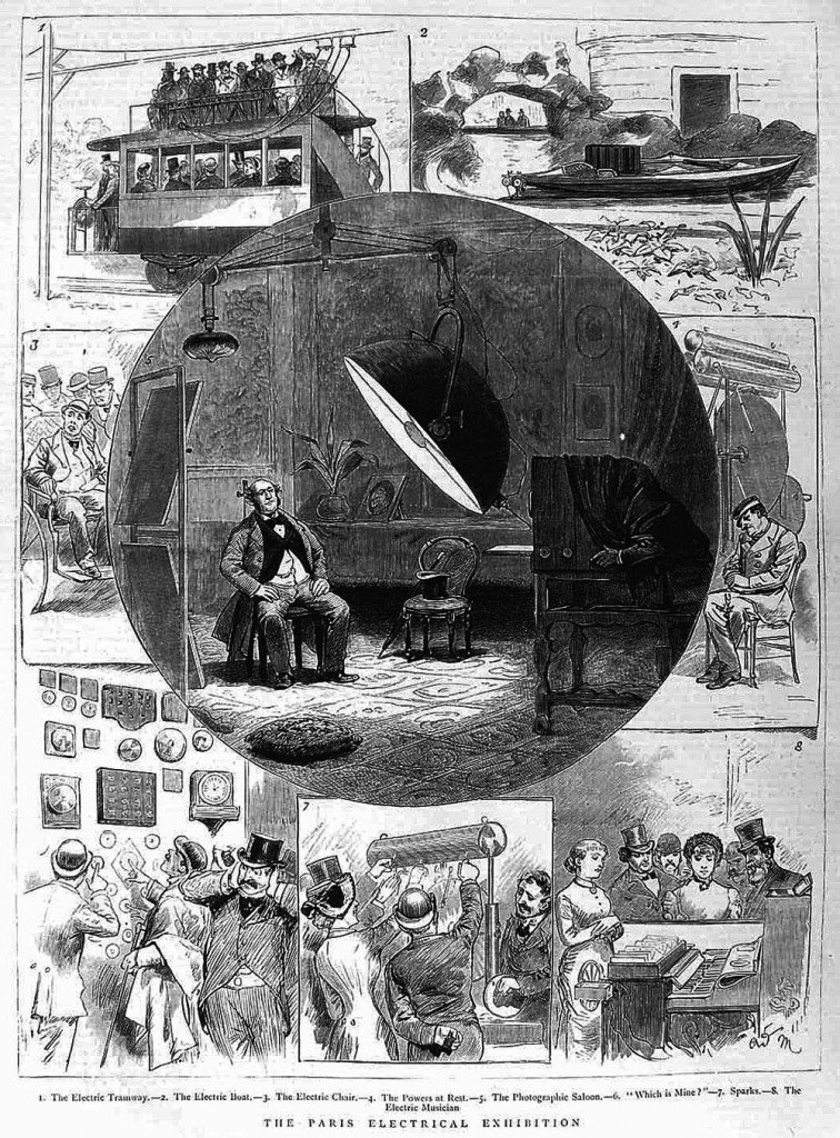 Illustrations from a British magazine called "The Graphic" featuring some of the impressive innovations shown at the Paris Exposition of Electricity in 1881.
