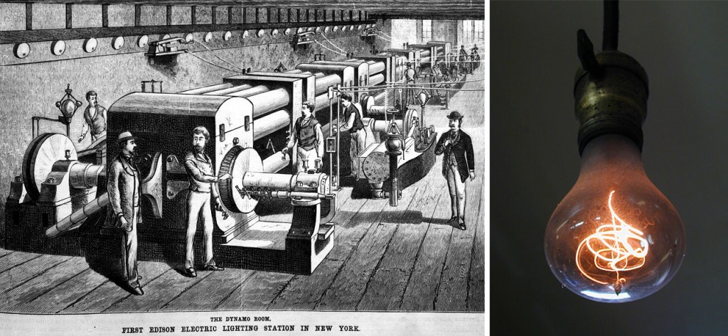 Left, an illustration of Edison's Pearl Street Power Station from "Scientific American" in 1882. Right, The Centennial Bulb in a Livermore, California, firehouse has been in use since 1901.
