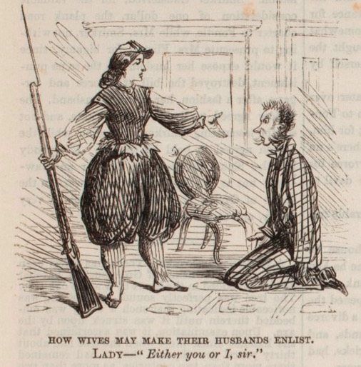 Frank Leslie’s 1863 cartoon “The Art of Inspiring Courage” shows a woman threatening to join the Union army if her husband doesn't. (Courtesy of Karen Abbott)