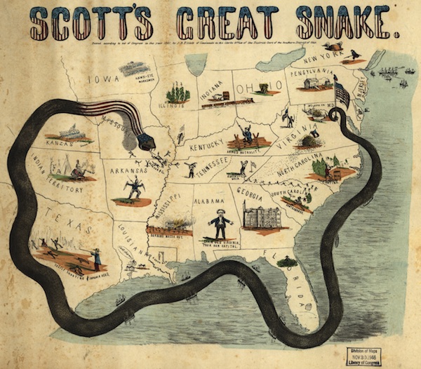 An 1861 cartoon map illustrates Union General Winfield Scott's plan to crush the Confederacy economically. It is sometimes called the "Anaconda Plan." (Via Library of Congress)