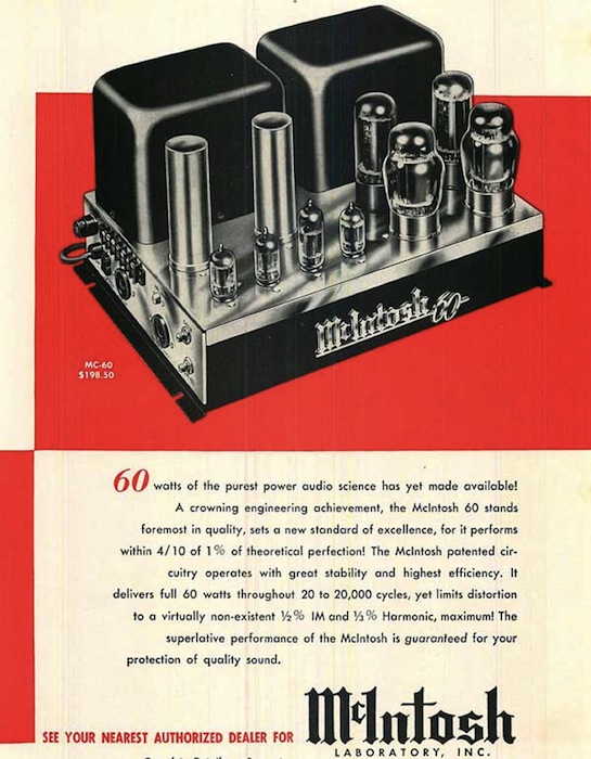 A print ad for McIntosh, probably the most revered of the early hi-fi audio manufacturers. Via Vintage Vacuum Audio