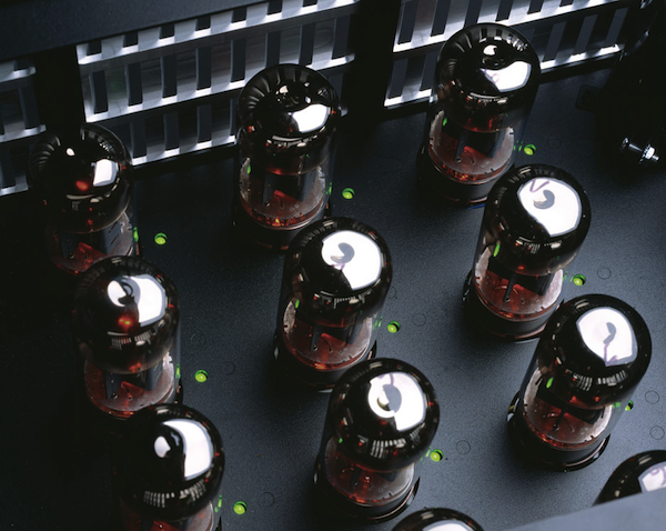 There are a dozen tubes inside a VTL Siegfried Reference Monoblock amplifier. The green lights indicate when the automatic bias is adjusting any individual tube, and also show which tube is bad in the event of a tube fault.