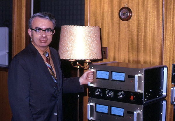 David O'Brien was an engineer at McIntosh who conducted in-store amplifier clinics from 1962 to 1991. He's seen here next to a pair of MC2300s. Courtesy Roger Russell's McIntosh History Page