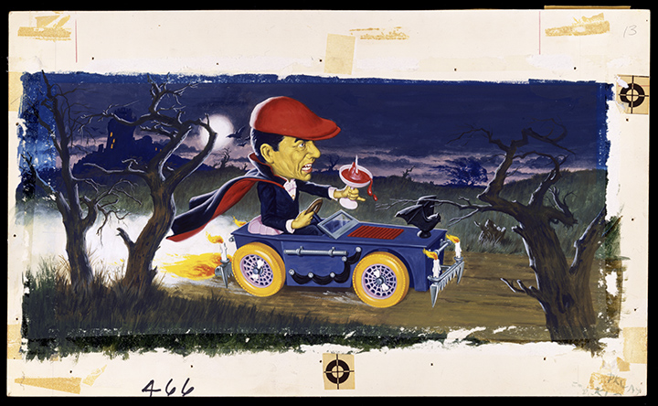 This James Bama painting of Dracula driving—holding a martini garnished with a staked heart—was created as box art for the Aurora hot-rod model Dracula's Dragster. (From "Too Much Horror Business")