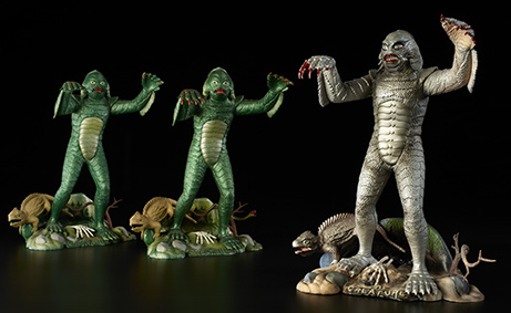 On the left are two Aurora factory-painted display models of the Creature From the Black Lagoon. On the right is the more-detailed original sculpture the models were based on. (From "Too Much Horror Business")