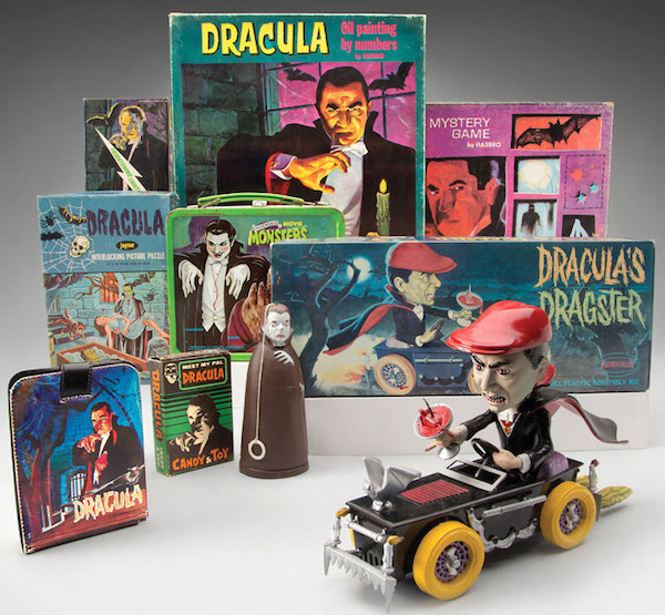 Hammett's collection of toys based on 1931's "Dracula" include a wallet, a candy box, a rubber-band-powered Tricky Walker, a puzzle, a lunch box, an Aurora Frightening Lightning model, a paint-by-numbers kit, a board game, and Dracula's Dragster by Aurora. (Photo courtesy of SFO Museum)
