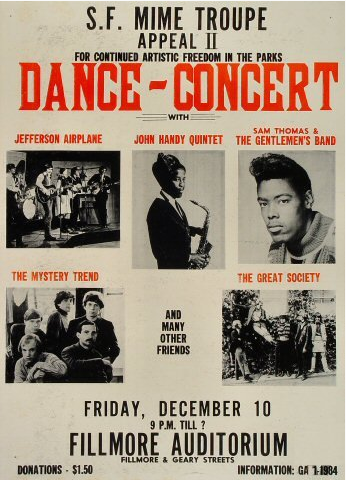 The Grateful Dead performed at this concert, but their name is not on the poster, and a newspaper review of the show three days later refers to them as the Warlocks. Via jerrygarcia.com.