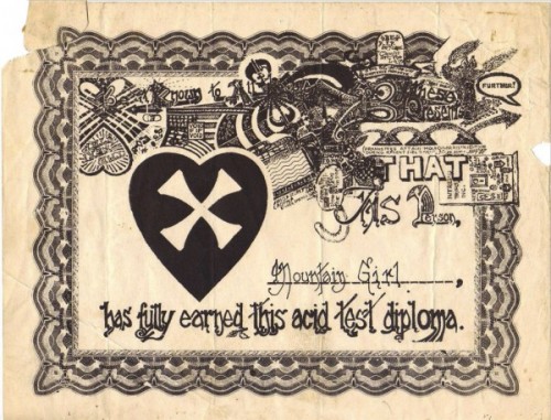 Mountain Girl's Acid Test graduation diploma, via SF Rock Posters.