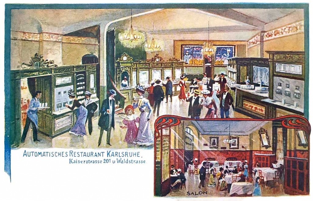 A 1903 postcard depicting an "automatic restaurant" in Karlsruhe, Germany. Image courtesy Restaurant-ing Through History.