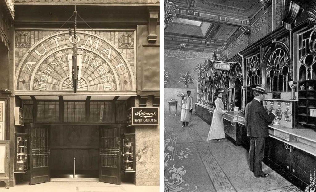 Left: Luxurious details in brass, marble, wood, and stained glass were common at the early Horn & Hardart automats. Right: An interior view of a Philadelphia Horn & Hardart cafeteria featuring Sielaff automats, circa 1904.