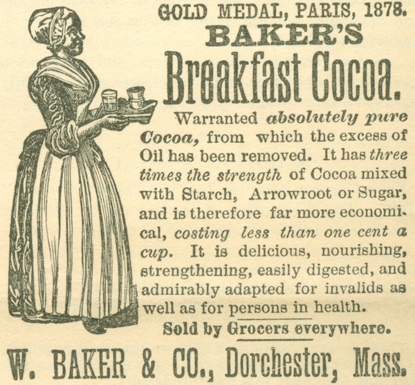 Top: Sarah and Gabriel Chrisman love to go cycling. He rides a high-wheel bicycle, while she often accompanies him on a Victorian women's tricycle. (Photo courtesy of Don Willott) Above: In this Baker's Breakfast Cocoa ad from the Chrismans' collection, a servant wears a corset while she works. (Images from ThisVictorianLife.com)