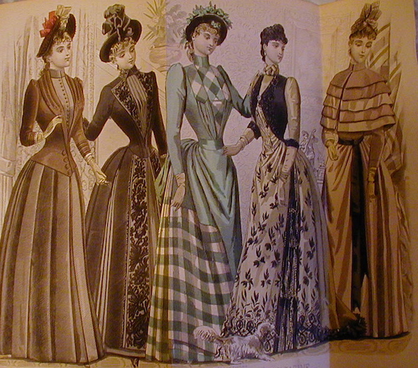 An image from an 1880s fashion magazine, part of the Chrismans' collection, shows the women wearing "visiting dresses." (From ThisVictorianLife.com)