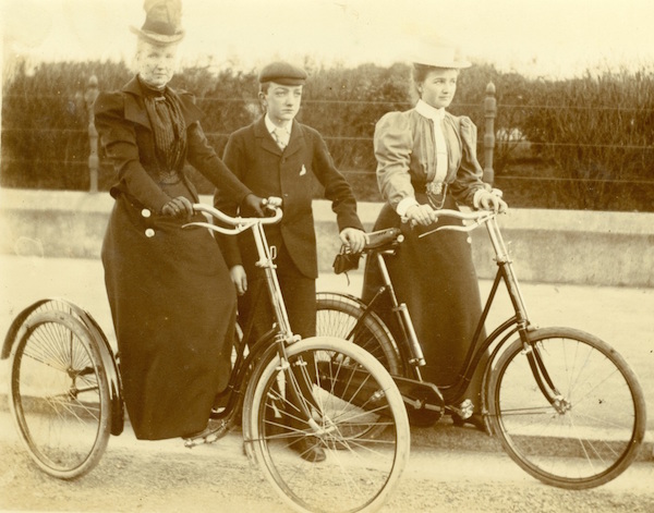 An image from the Chrismans' collection shows two women and a boy with safety bicycles. (From ThisVictorianLife.com)