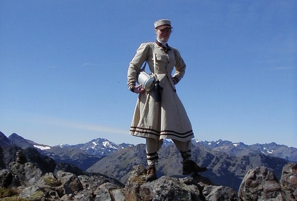 Sarah on top of Mount Townsend in Washington State's Olympic Mountains. She based her hiking outfit on the "immodest" shorter-skirt-and-trouser combo worn by Fay Fuller, the first woman reach the summit of Mount Rainier in 1890. (From ThisVictorianLife.com)
