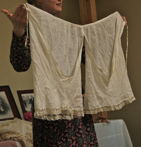 Sarah explains, "My favorite pantelets are shown here: dating from the 1870s, they are made of cotton lawn (a filmy, light-weight material that feels a bit like wearing a cloud), and decorated with hand-made lace." (From This VictorianLife.com)