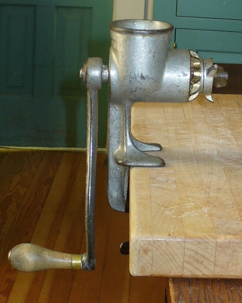 In the kitchen, Sarah uses this 1905 Rex Meat Chopper, which was advertised in 1893 as the “King of Mincers.” (From ThisVictorianLife.com)
