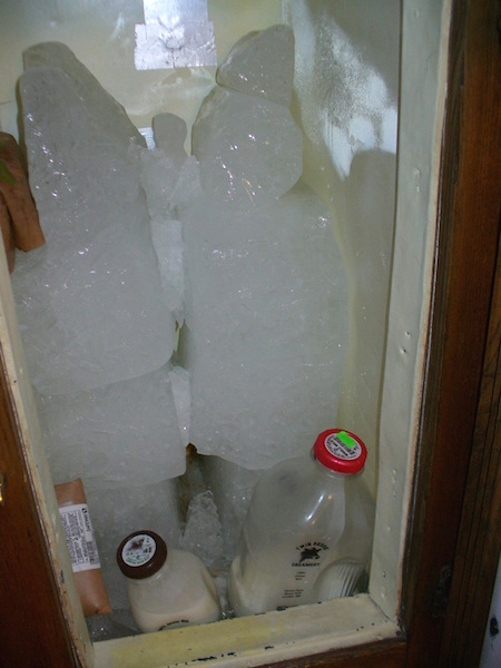 The Chrismans don't have access to the "hard ice" that was delivered to Victorian housewives. Instead, Gabriel picks up bags of modern "soft ice" from the grocery store in his car, and these melt much faster in the icebox than hard ice would. (From ThisVictorianLife.com)