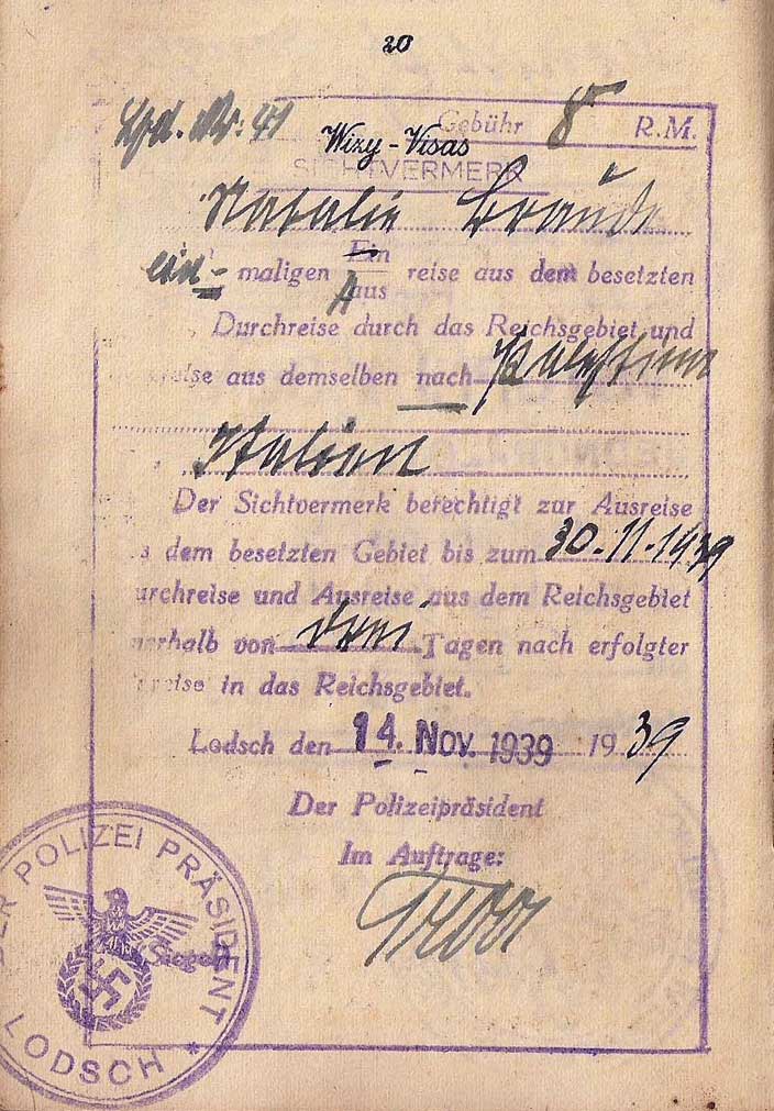 A rare exit visa from Łódź, Poland (or Lodsch in German), in a Jewish woman's <a href="http://ourpassports.com/1940-life-saving-italian-visa/">passport</a> that was extended by the German occupying forces even as Jews were being forced into the city's famous ghetto. (Click to enlarge)