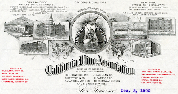 The C.W.A.'s letterhead from 1900, showing its warehouses in San Francisco and listing its wineries. (Courtesy <a href="http://earlycalwinetrade.org/" target="_blank">Early California Wine Trade Archive)